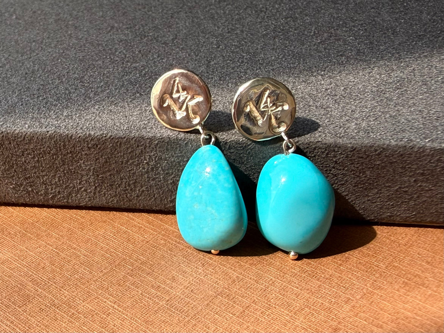 14k Solid Yellow Gold Nuggets, Natural Sleeping Beauty Turquoise Drop Earrings