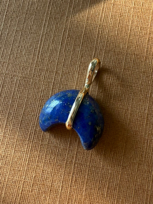 14k Solid Yellow Gold, Blue Lapis Lazuli “Crescent Moon” Pendant, Mini Size