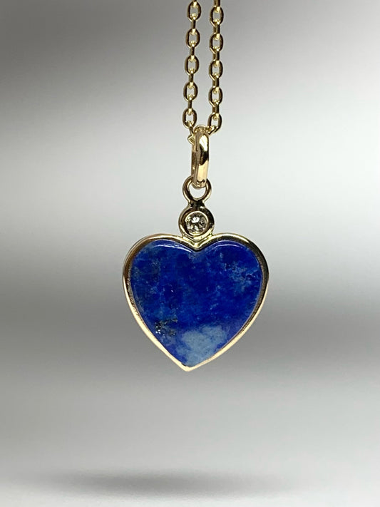 14k Solid Yellow Gold, Diamond, Blue Lapis Lazuli “Heart” Mini Pendant