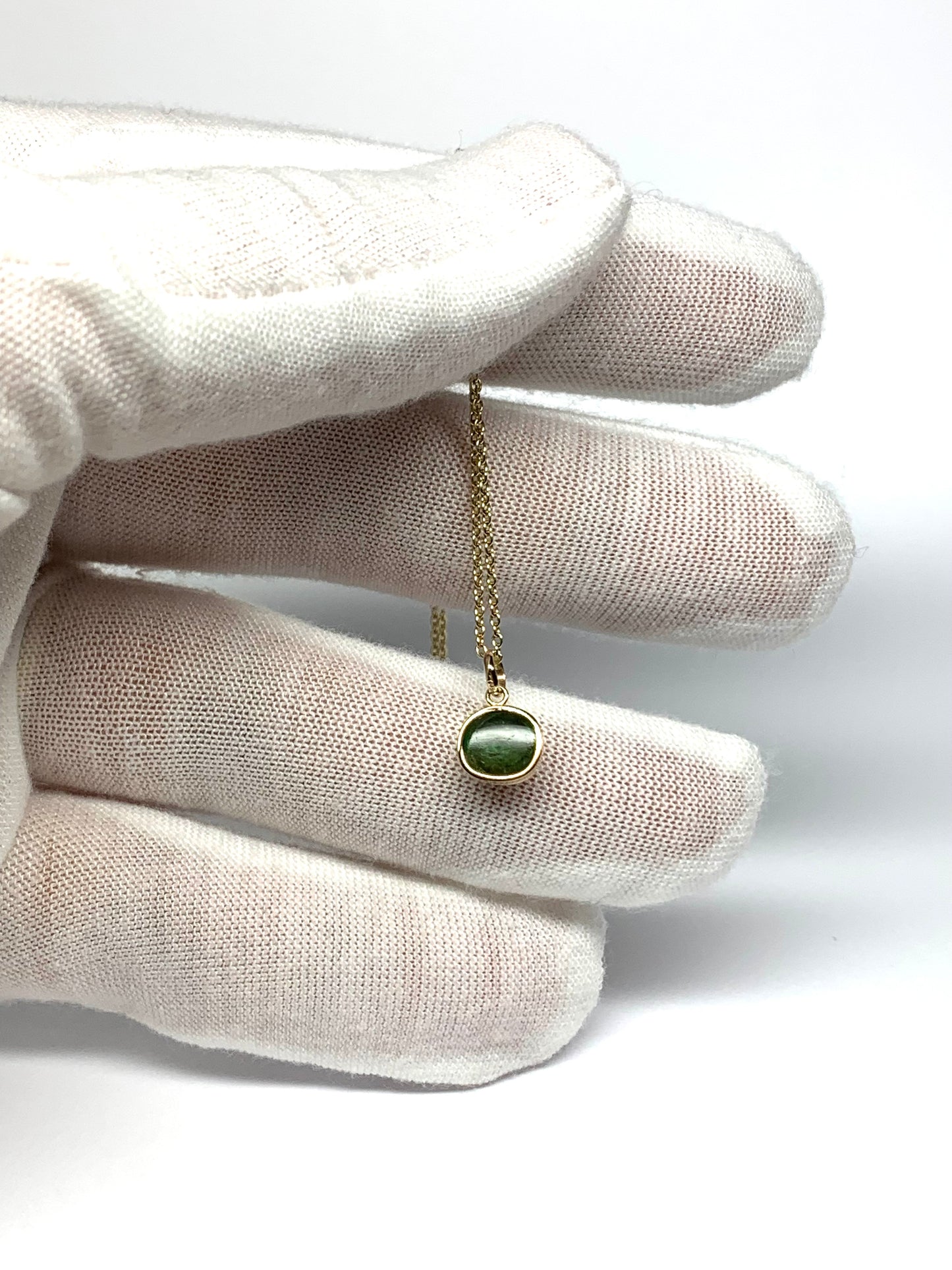 14k Solid Yellow Gold, Natural Green Tourmaline Cabochon Tiny Pendant