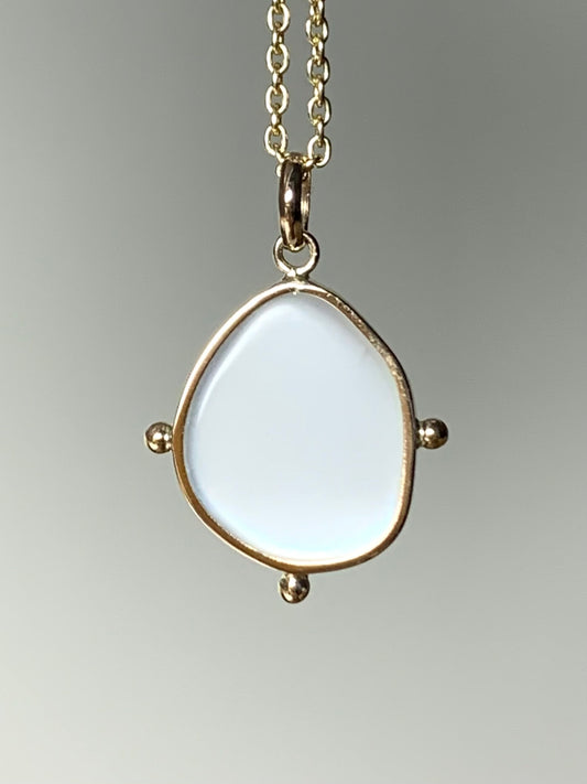 14k Solid Yellow Gold, White Moonstone Flat Cabochon Pendant, With Golden Dots