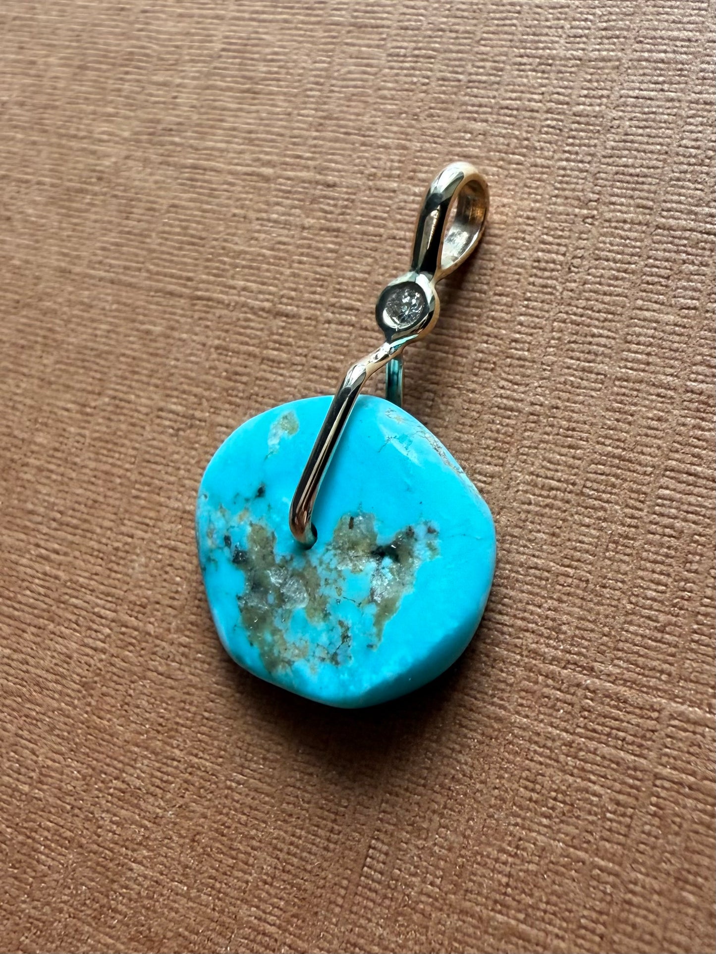 14K Solid Yellow Gold, White Diamond, Blue Turquoise “Donut” Mini Pendant