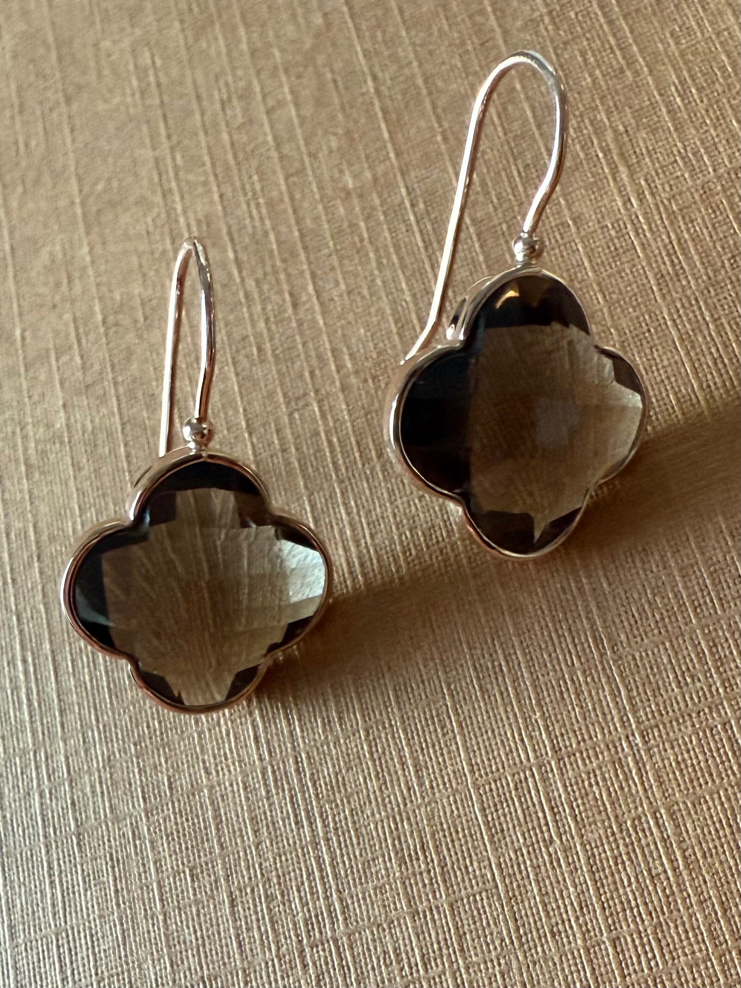 14k Solid Rose Gold Smoky Quartz “Clover” Earrings, Checkerboard Cut, Fish Hook Ear Wires