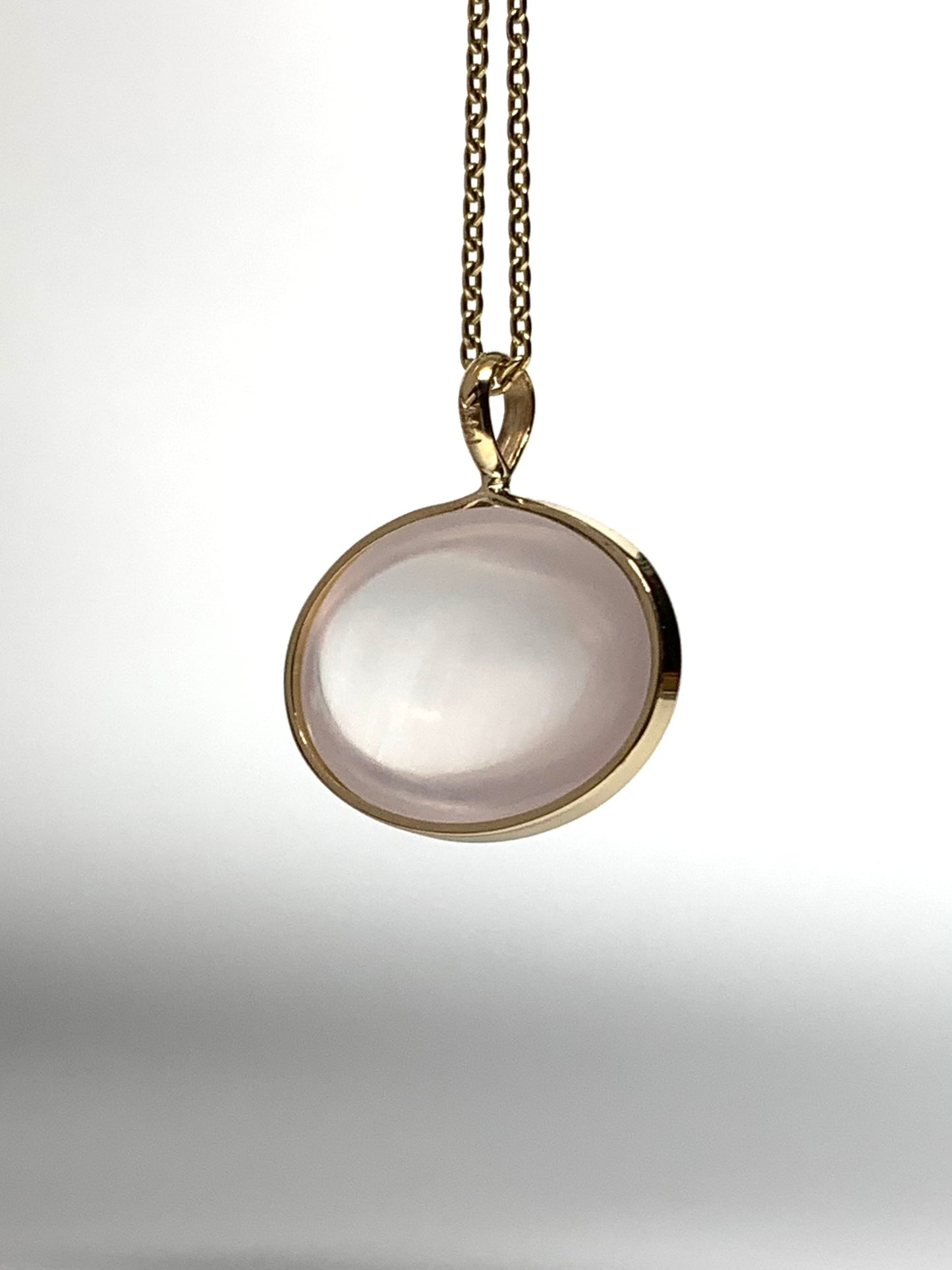 14k Solid Yellow Gold, Rose Pink Quartz Oval Cabochon Pendant, Small Size