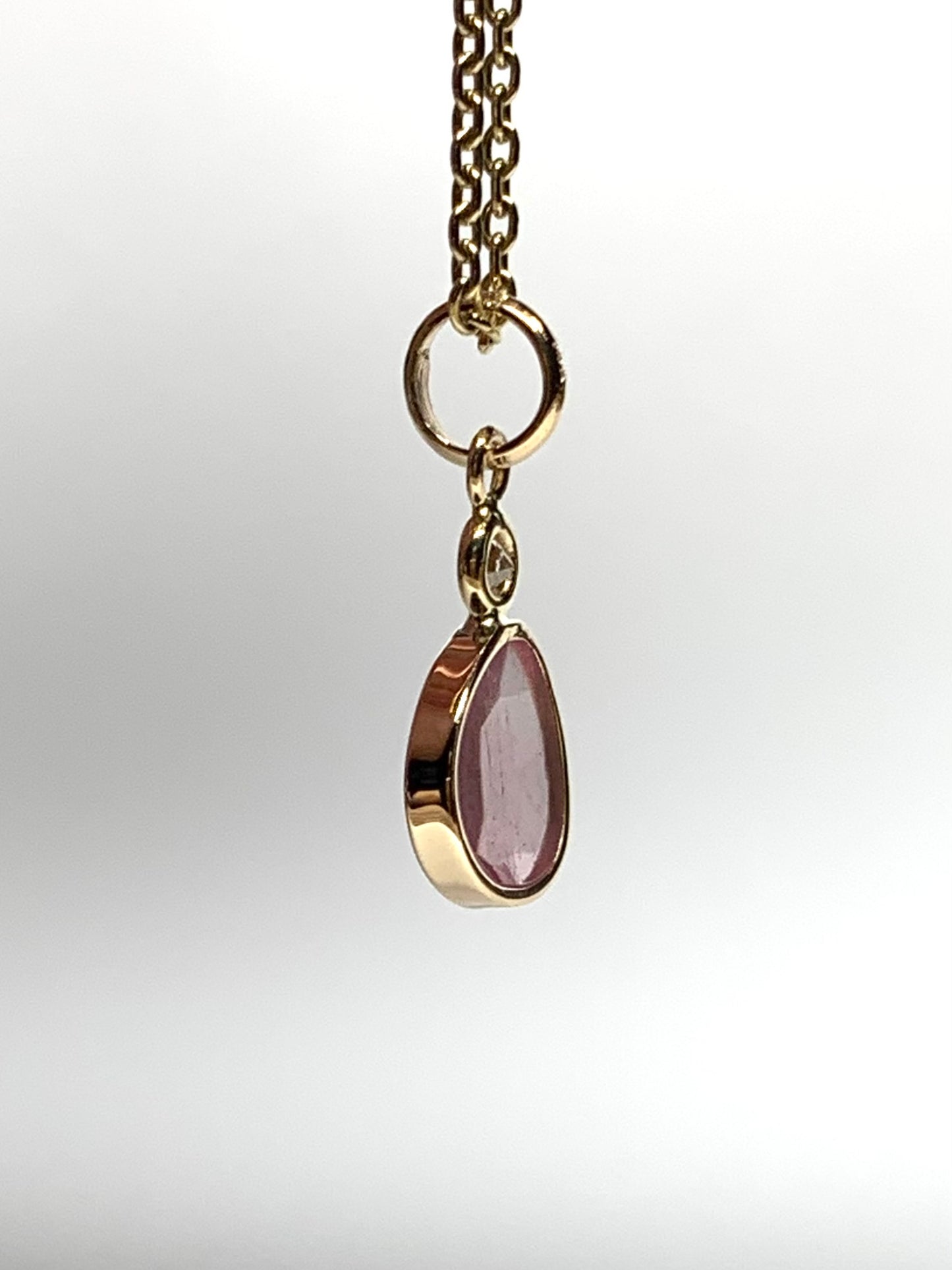 14k Solid Yellow Gold, Natural White Diamond, Natural Pink Tourmaline Tiny Pendant