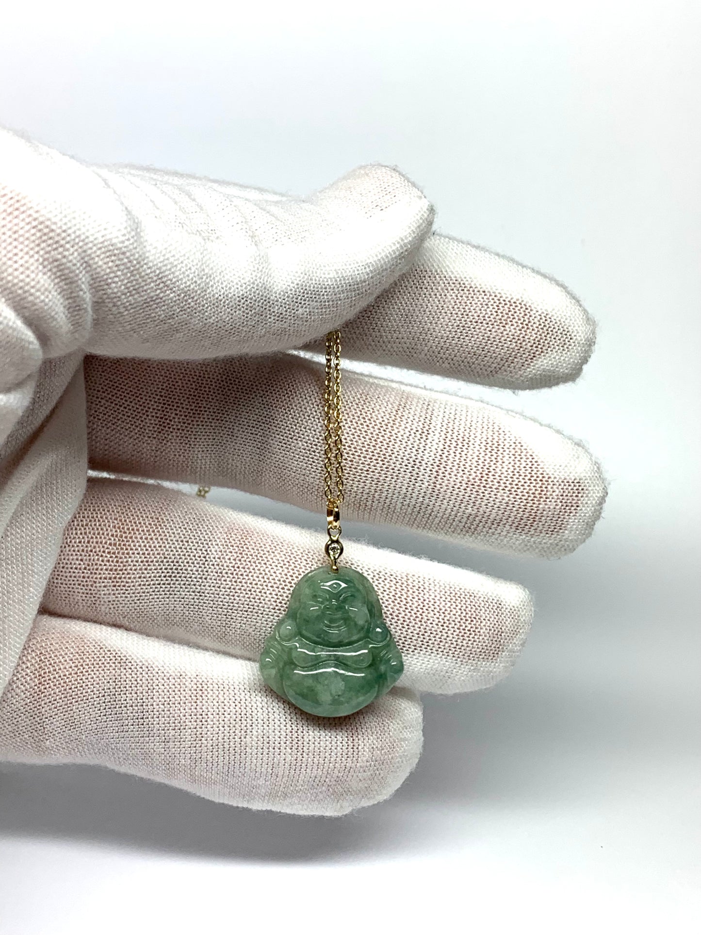14K Solid Yellow Gold, Diamond, Pale Green Jade “Buddha” Pendant