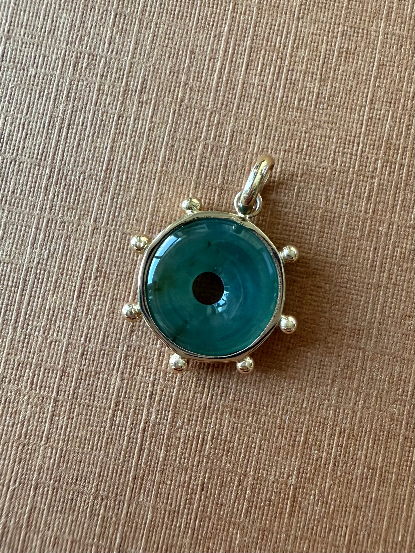 14k Solid Yellow Gold, Natural Green Jade Donut “Sun” Pendant, Mini Size