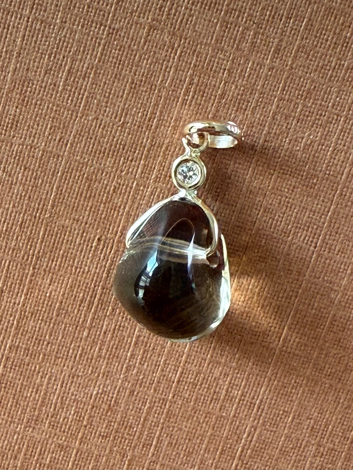 14k Solid Yellow Gold, Diamond, Dark Lemon Quartz Tumbled Nugget Bead Pendant, Mini Size