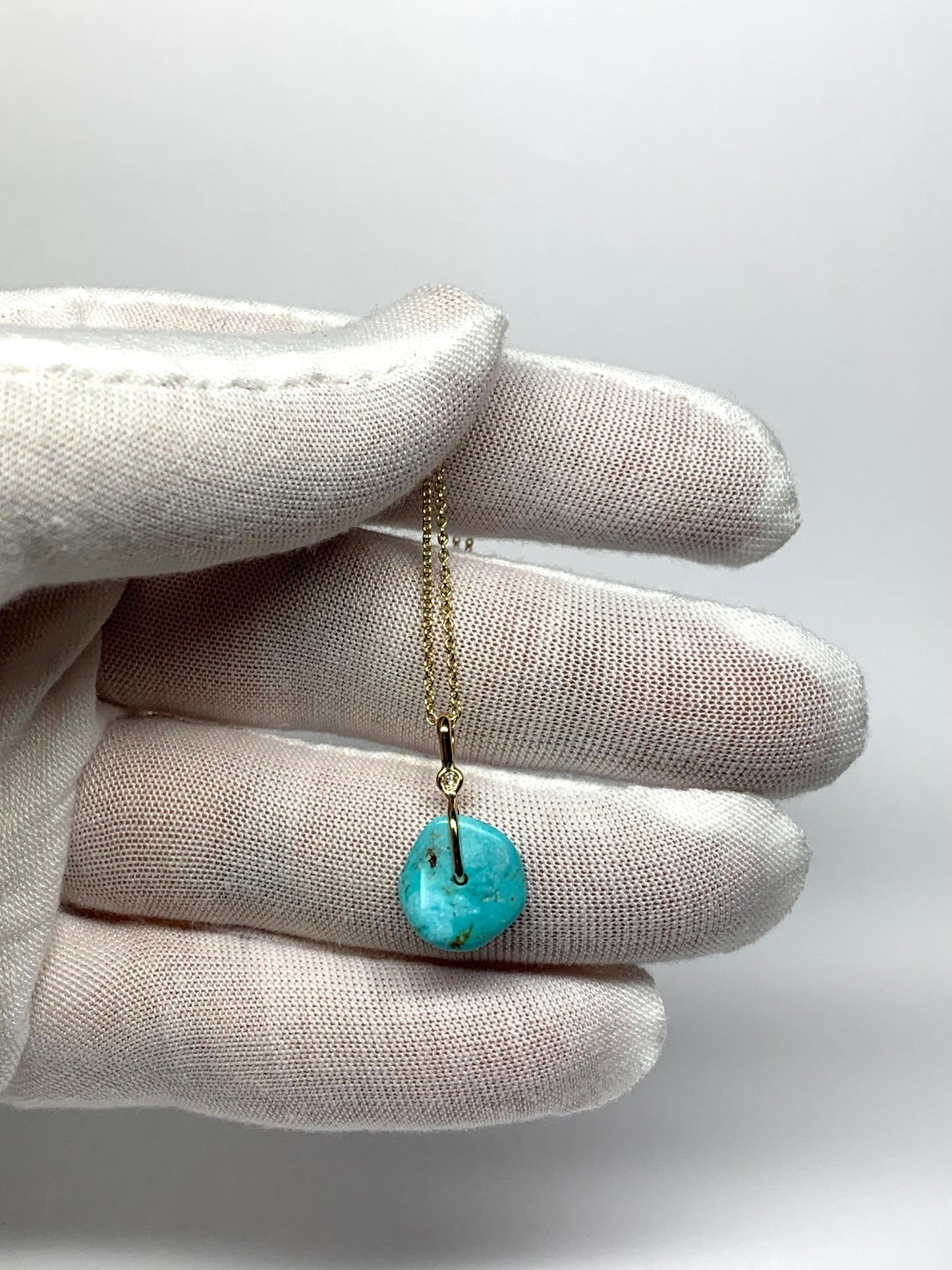 14K Solid Yellow Gold, White Diamond, Blue Turquoise “Donut” Mini Pendant