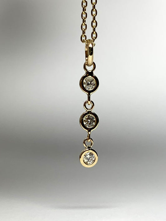 14K Solid Yellow Gold, White Diamonds Line Pendant, Tiny Size