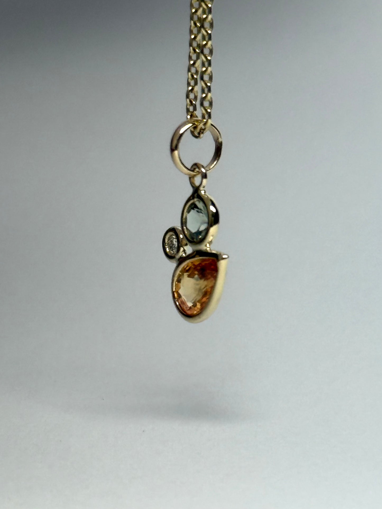 14K Solid Yellow Gold, Diamond, Multi Color Sapphires Cluster Pendant, Tiny Size