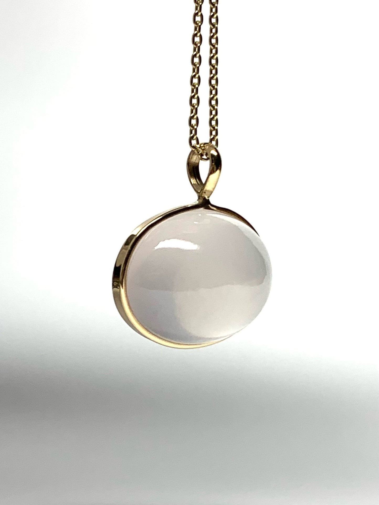 14k Solid Yellow Gold, Rose Pink Quartz Oval Cabochon Pendant, Small Size