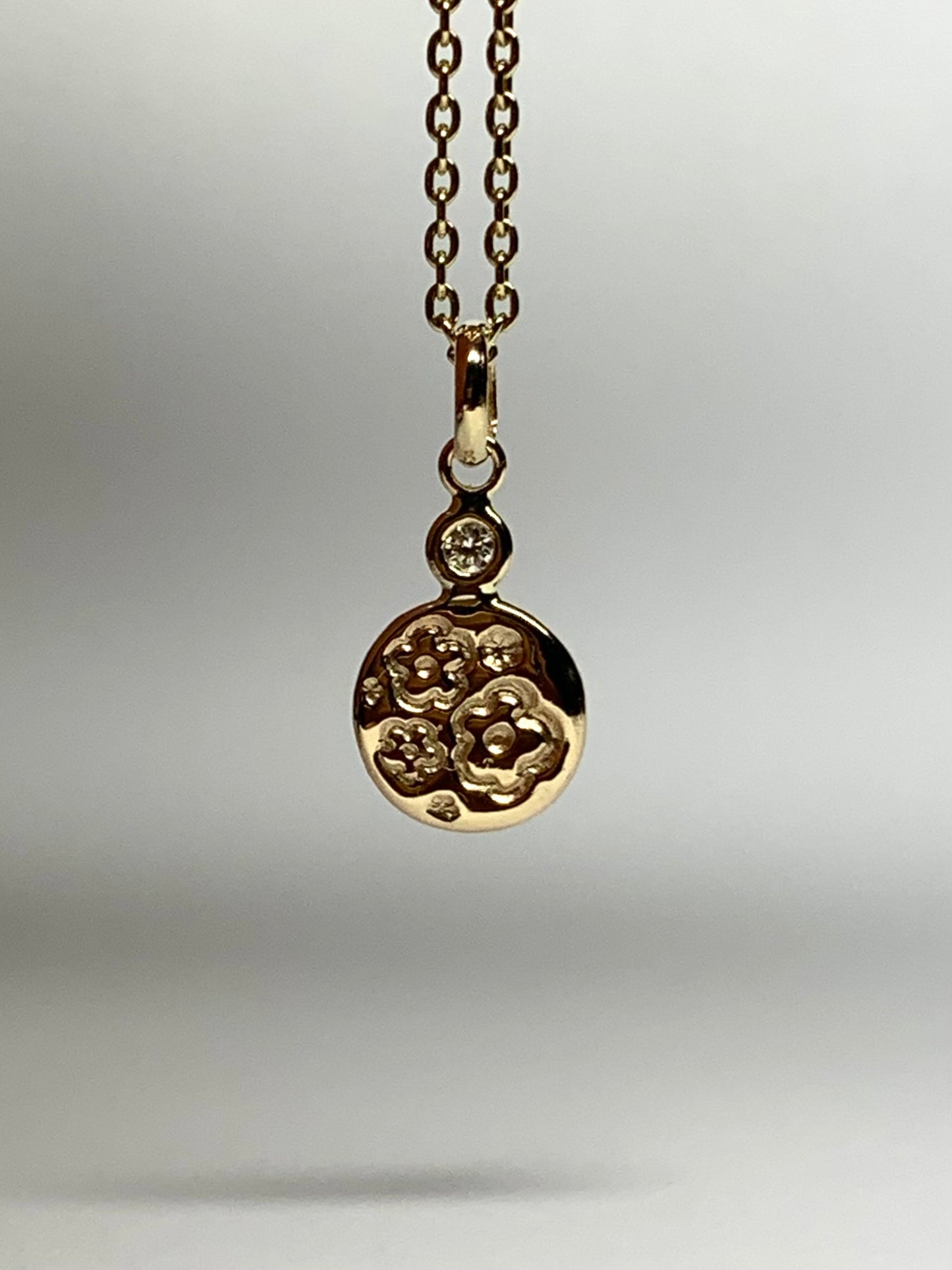 14K Solid Yellow Gold Nugget “Flowers” Mini Pendant, White Diamond, Tiny Charm