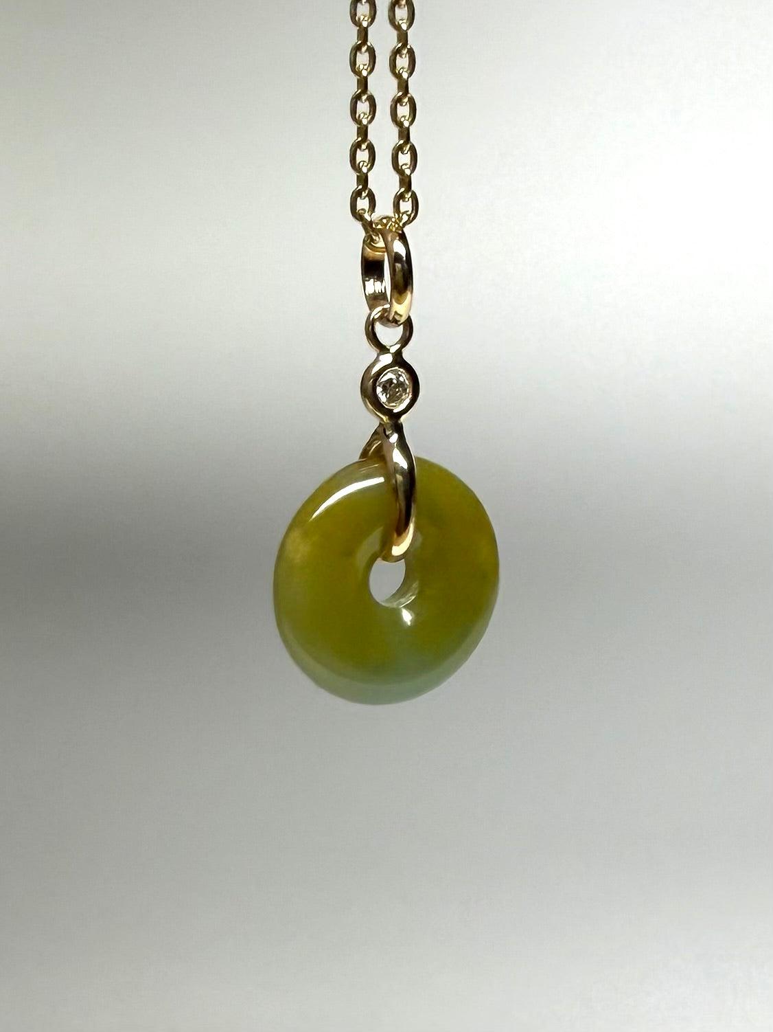 14k Solid Yellow Gold, White Diamond, Pale Green Jade “Donut” Pendant, Tiny Size