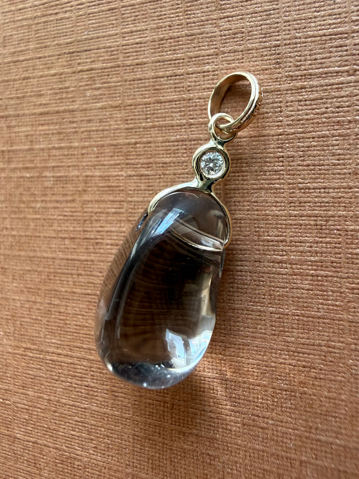 14k Solid Yellow Gold, Diamond, Smoky Quartz Tumbled Nugget Bead Pendant, Mini Size