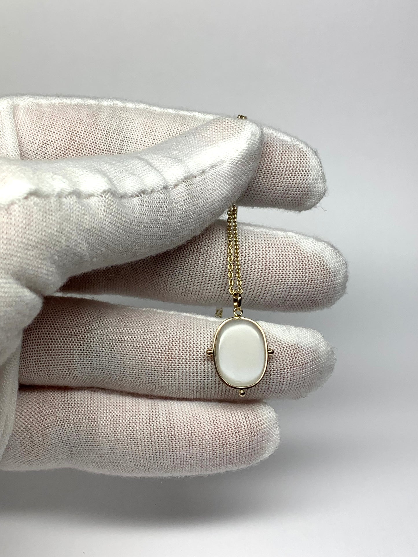 14k Solid Yellow Gold, White Moonstone Flat Cabochon Pendant, With Golden Dots