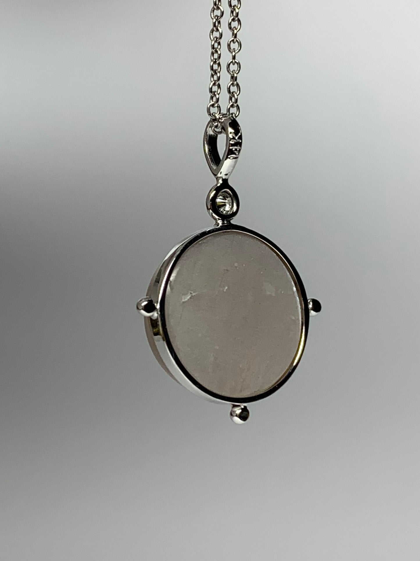 14k Solid White Gold, Diamond, Grey Moonstone “Moon Baby” Pendant, Carved Face