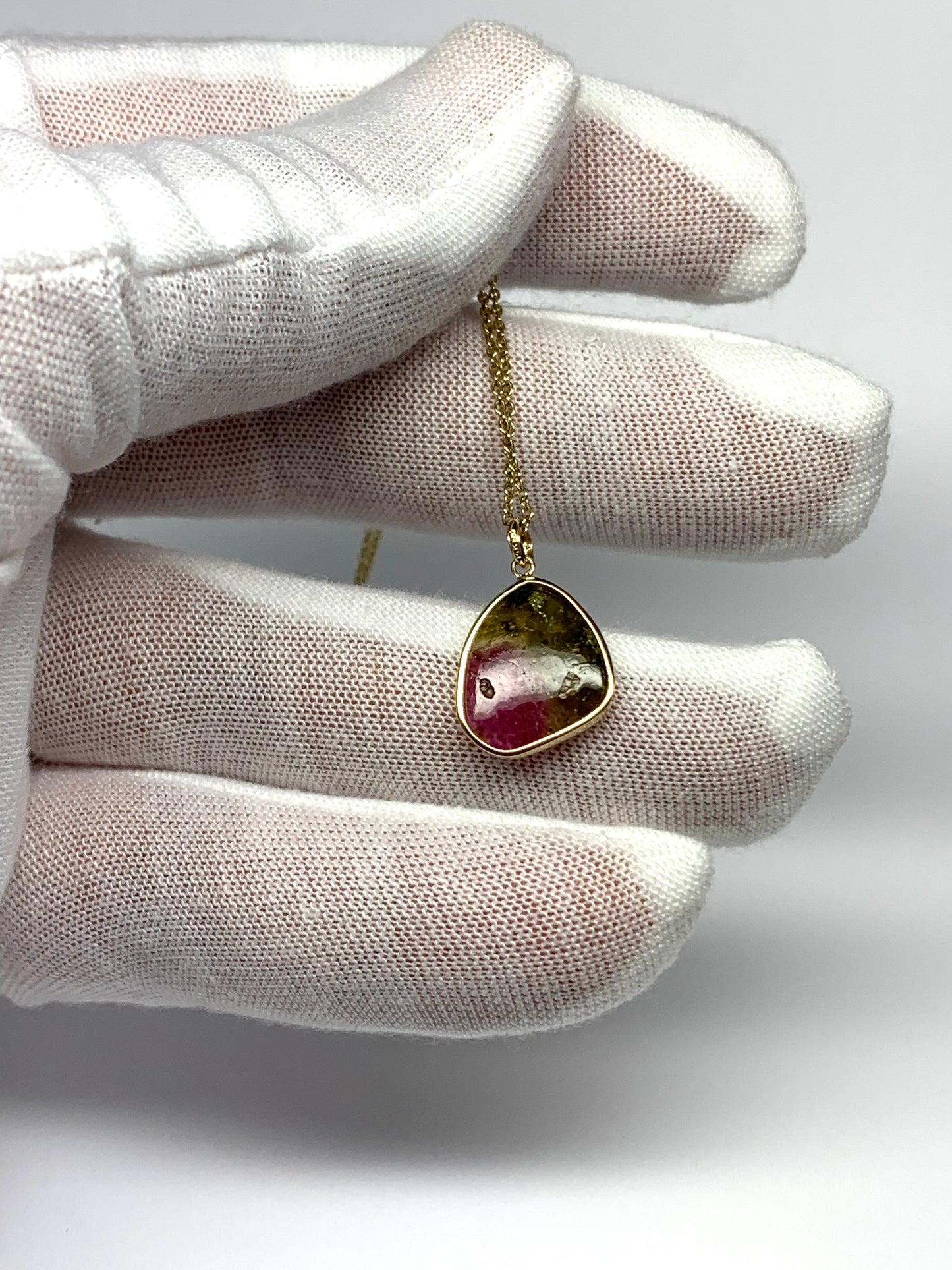 14k Solid Yellow Gold, Natural Pink Green Tourmaline Pendant