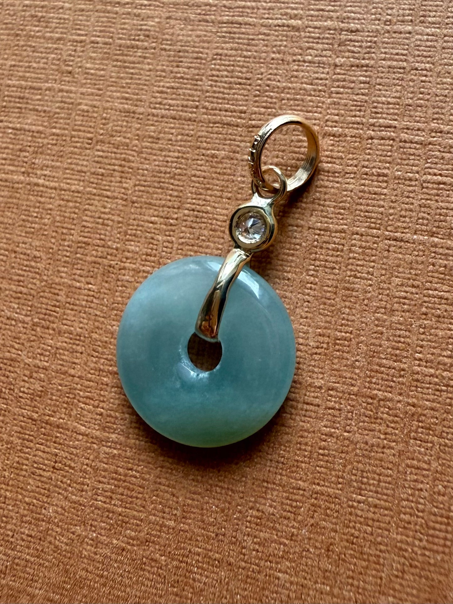 14k Solid Yellow Gold, White Diamond, Pale Green Jade “Donut” Pendant, Tiny Size