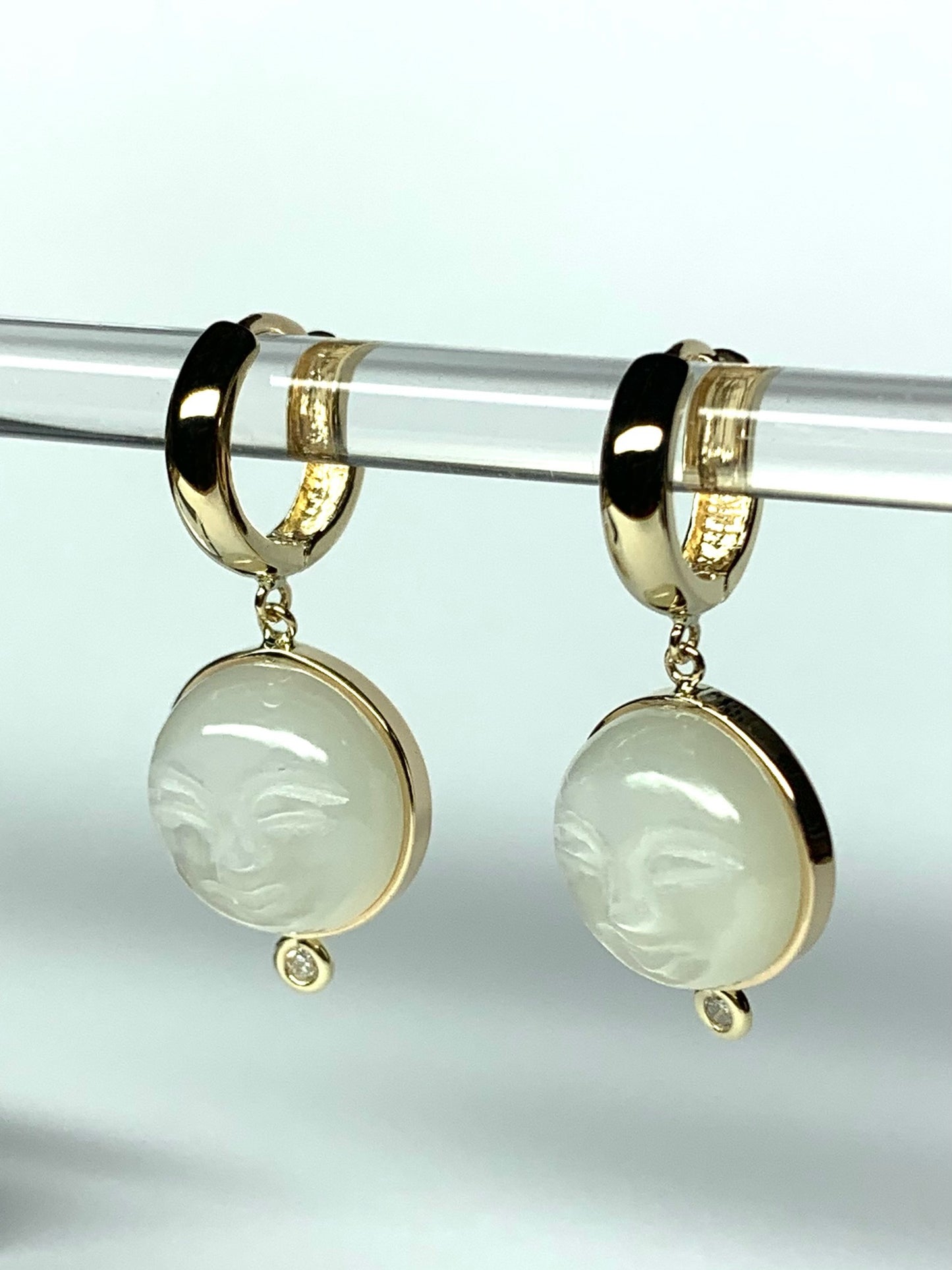 14k Solid Yellow Gold, Diamonds, White Moonstone “Moon and Star” Mini Earrings
