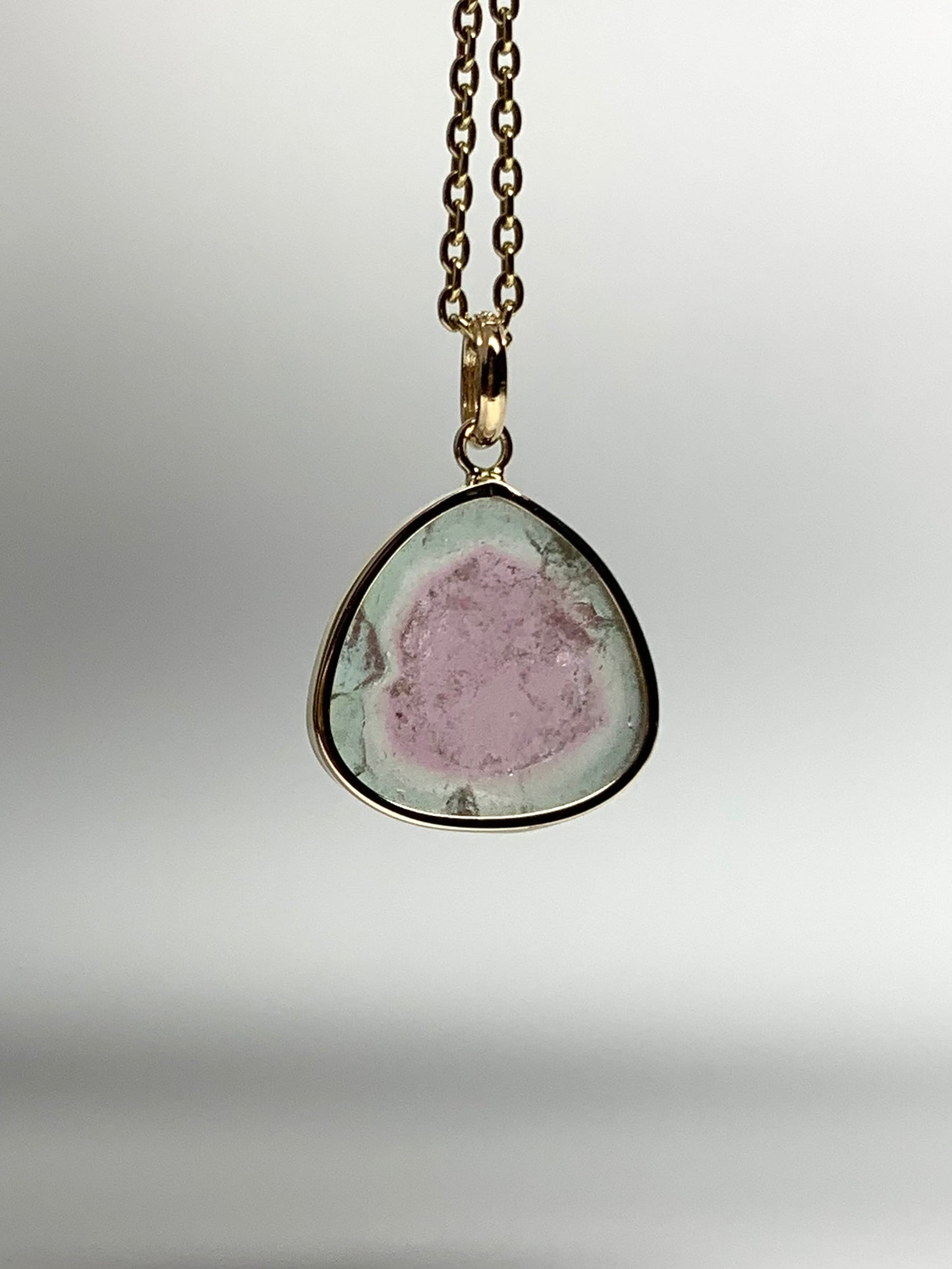 14k Solid Yellow Gold, Natural Pink Green Tourmaline Pendant