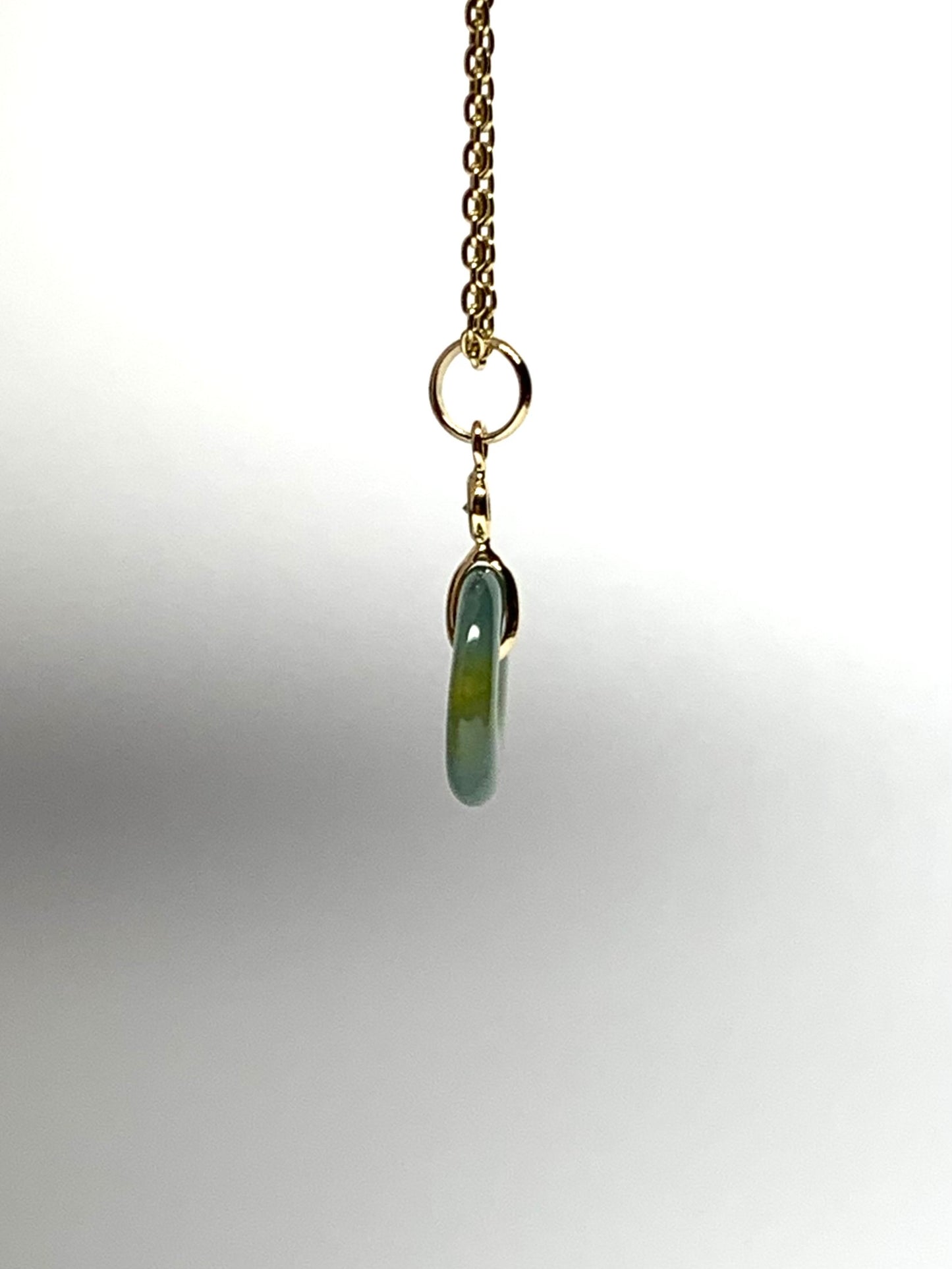 14k Solid Yellow Gold, White Diamond, Pale Green Jade “Donut” Pendant, Tiny Size