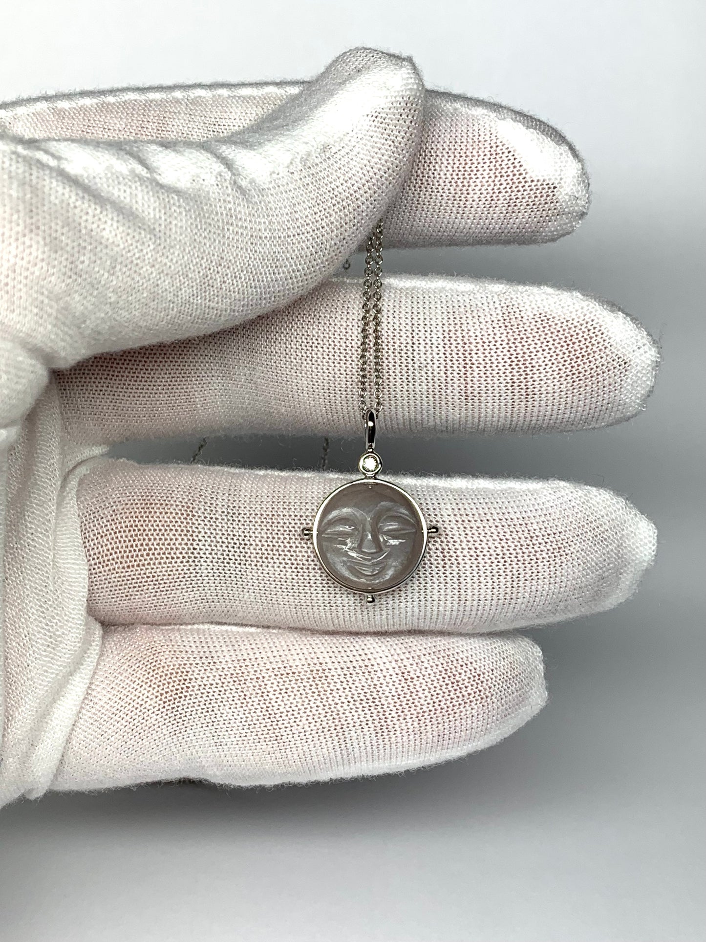 14k Solid White Gold, Diamond, Grey Moonstone “Moon Baby” Pendant, Carved Face