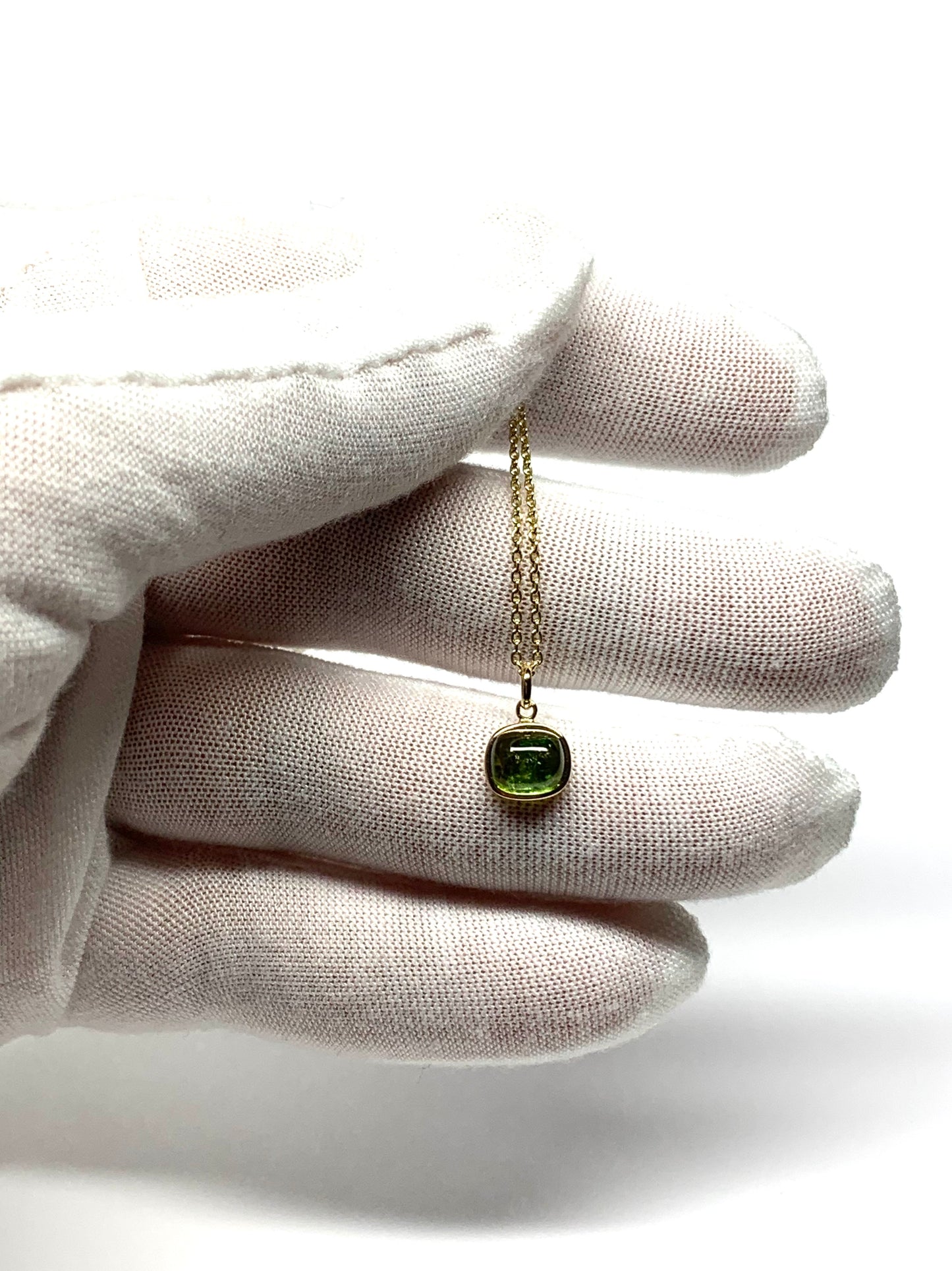 14k Solid Yellow Gold, Natural Green Tourmaline Cabochon Tiny Pendant