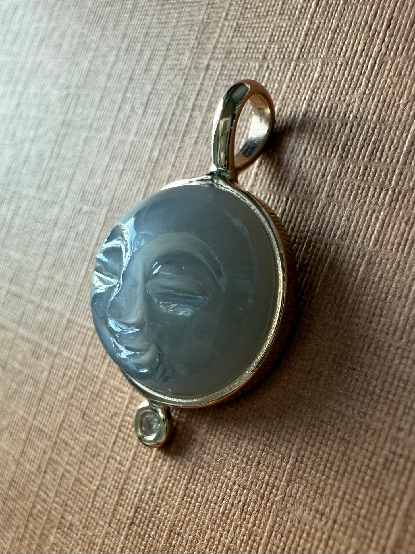 14k Solid Yellow Gold, White Diamond, Grey Moonstone “Moon and Star” Pendant, Small Size