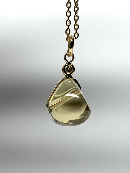 14k Solid Yellow Gold, Diamond, Lemon Quartz Tumbled Nugget Bead Pendant, Mini Size