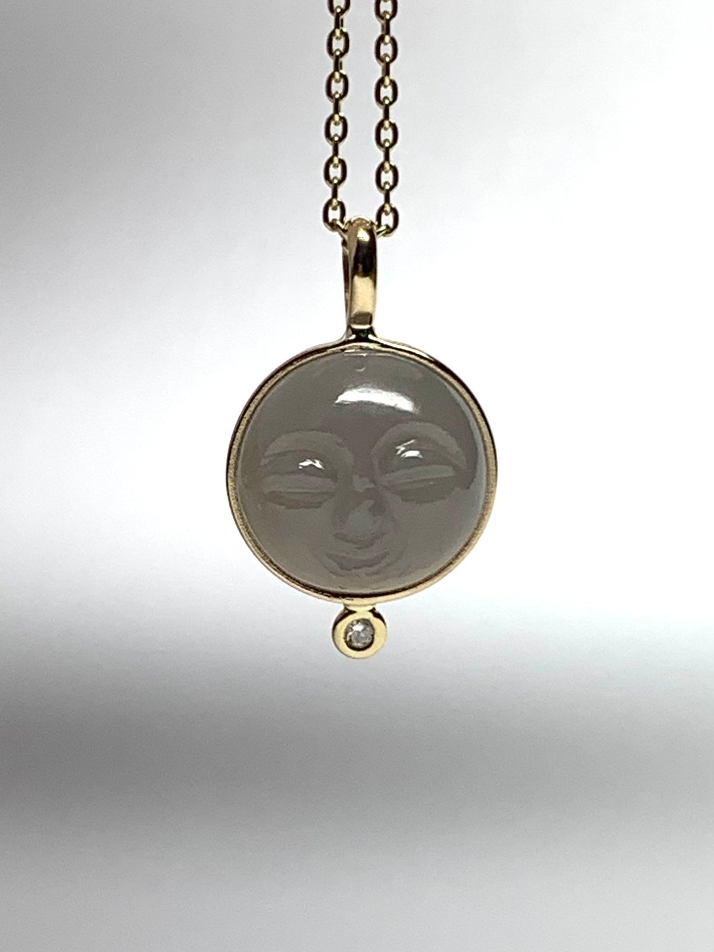 14k Solid Yellow Gold, White Diamond, Grey Moonstone “Moon and Star” Pendant, Small Size