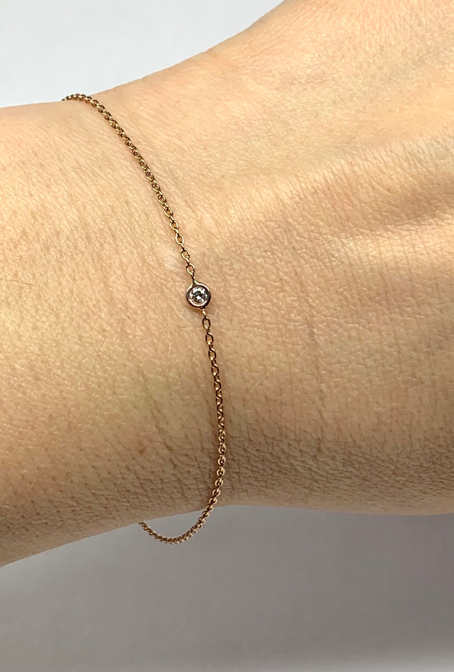 14K Solid Rose Gold, White Diamond Single Stone Chain Bracelet