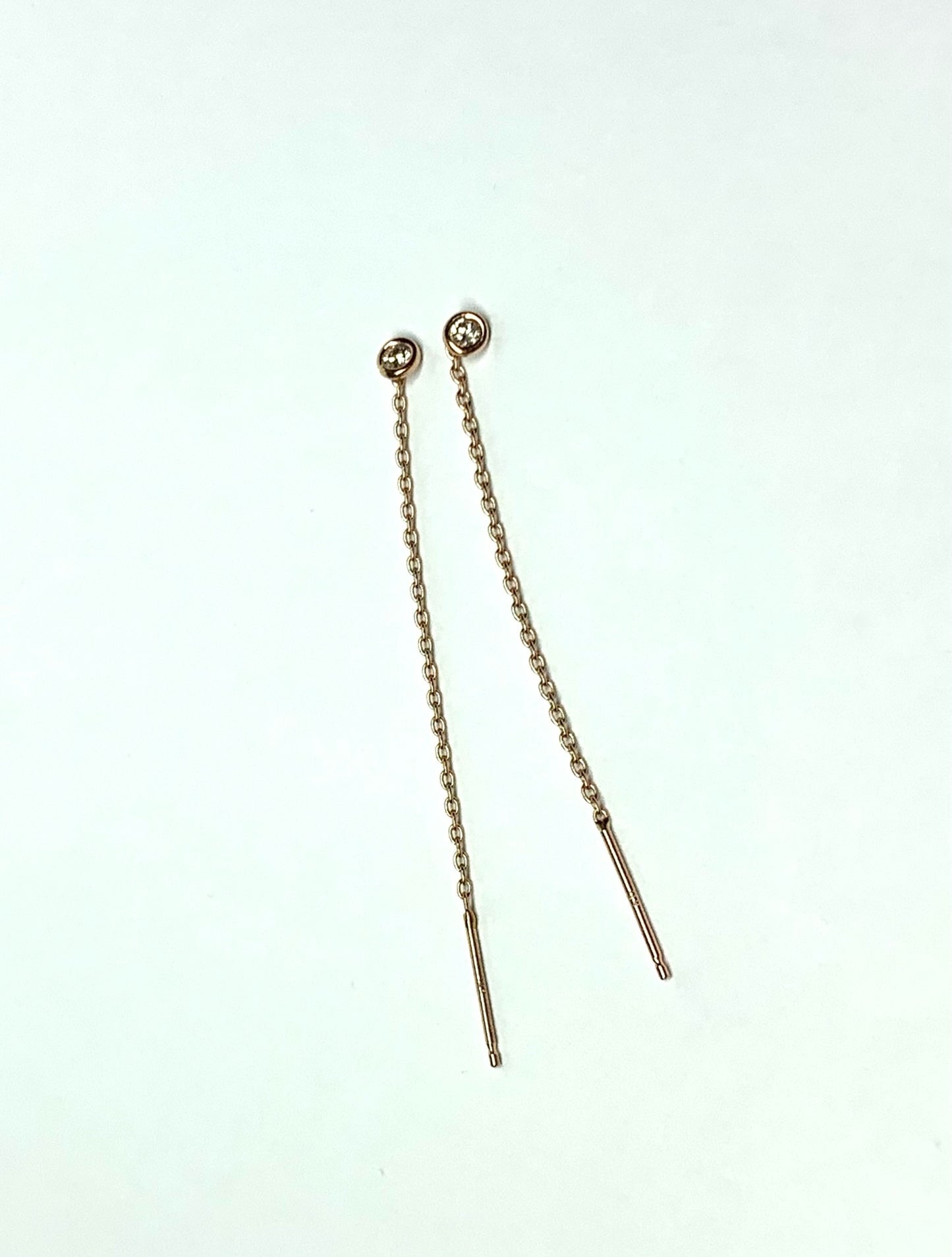 14K Solid Rose Gold, White Diamond Thread Earrings