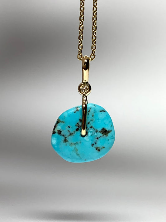 14K Solid Yellow Gold, White Diamond, Blue Turquoise “Donut” Mini Pendant
