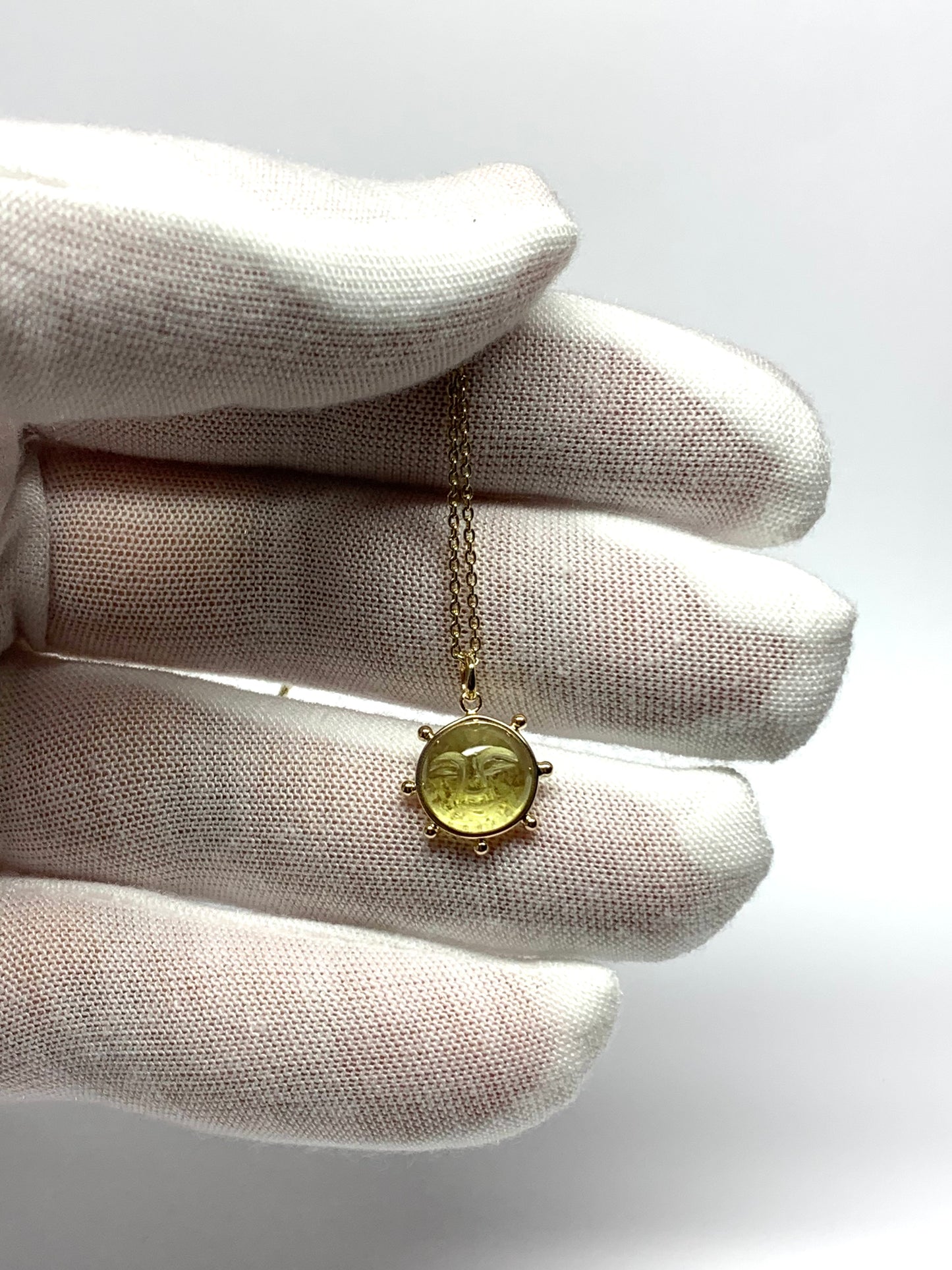 “Mini Sun" Pendant, 14K Solid Yellow Gold, Lemon Olive Quartz, Tiny Size
