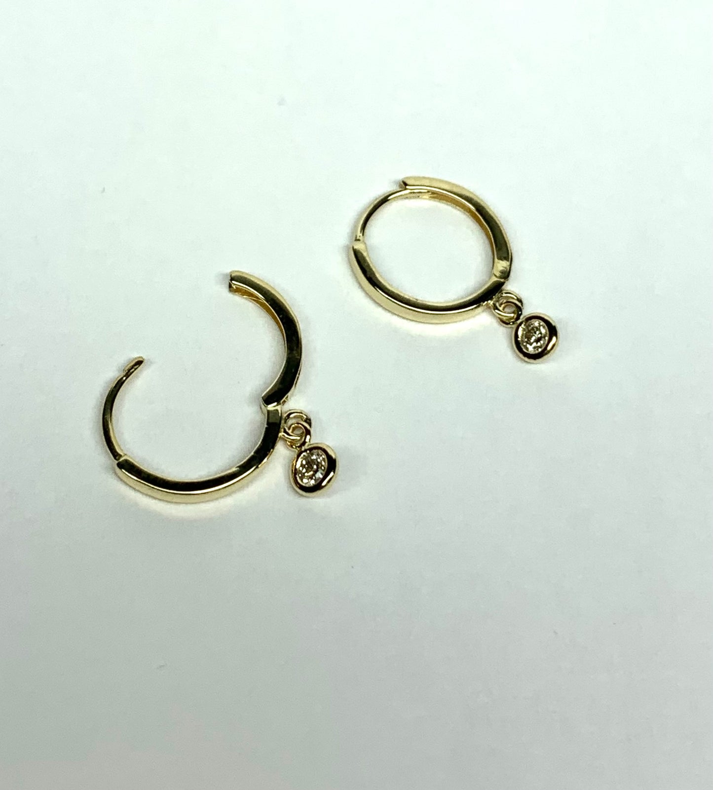 14k Solid Yellow Gold Natural White Diamonds Hoop Earrings, Mini Size