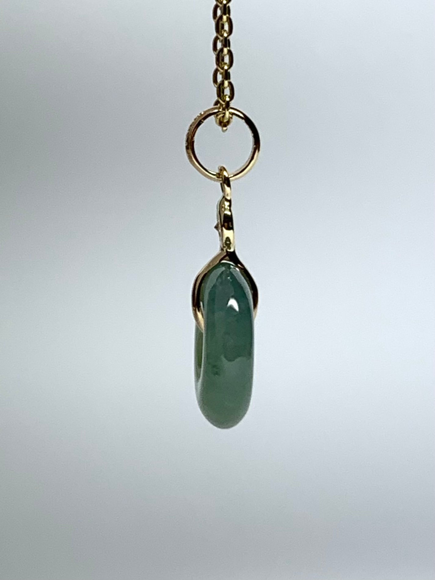 14k Solid Yellow Gold, White Diamond, Pale Green Jade “Donut” Pendant, Tiny Size