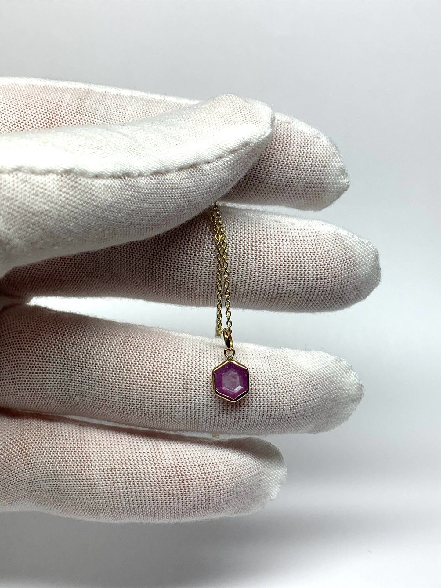 14k Solid Yellow Gold, Natural Pink Opaque Sapphire Hexagon Pendant, Tiny Size