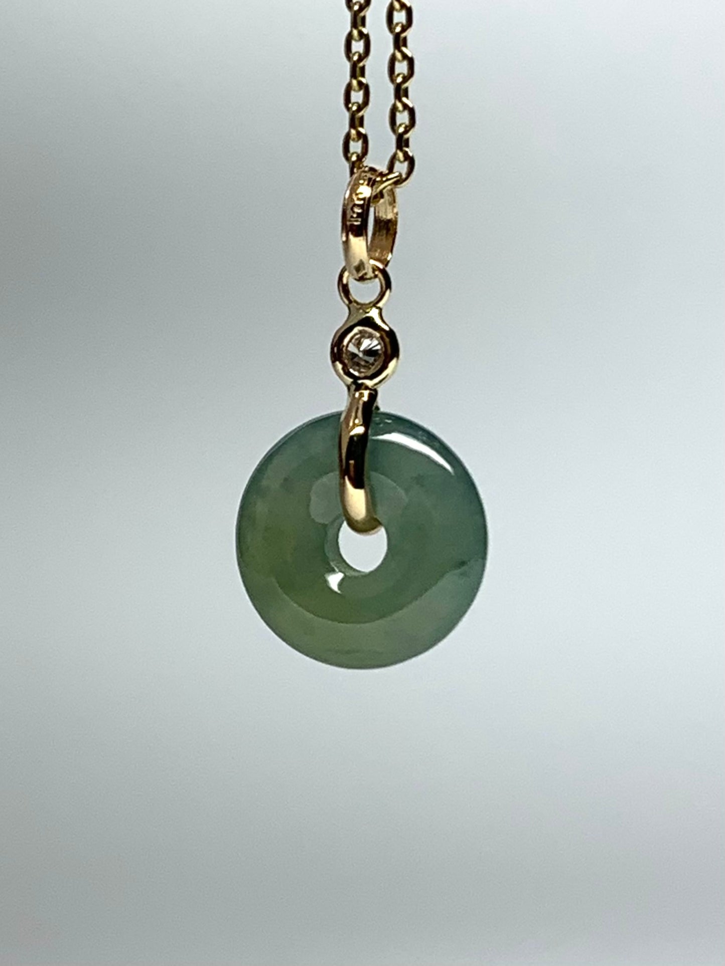 14k Solid Yellow Gold, White Diamond, Pale Green Jade “Donut” Pendant, Tiny Size