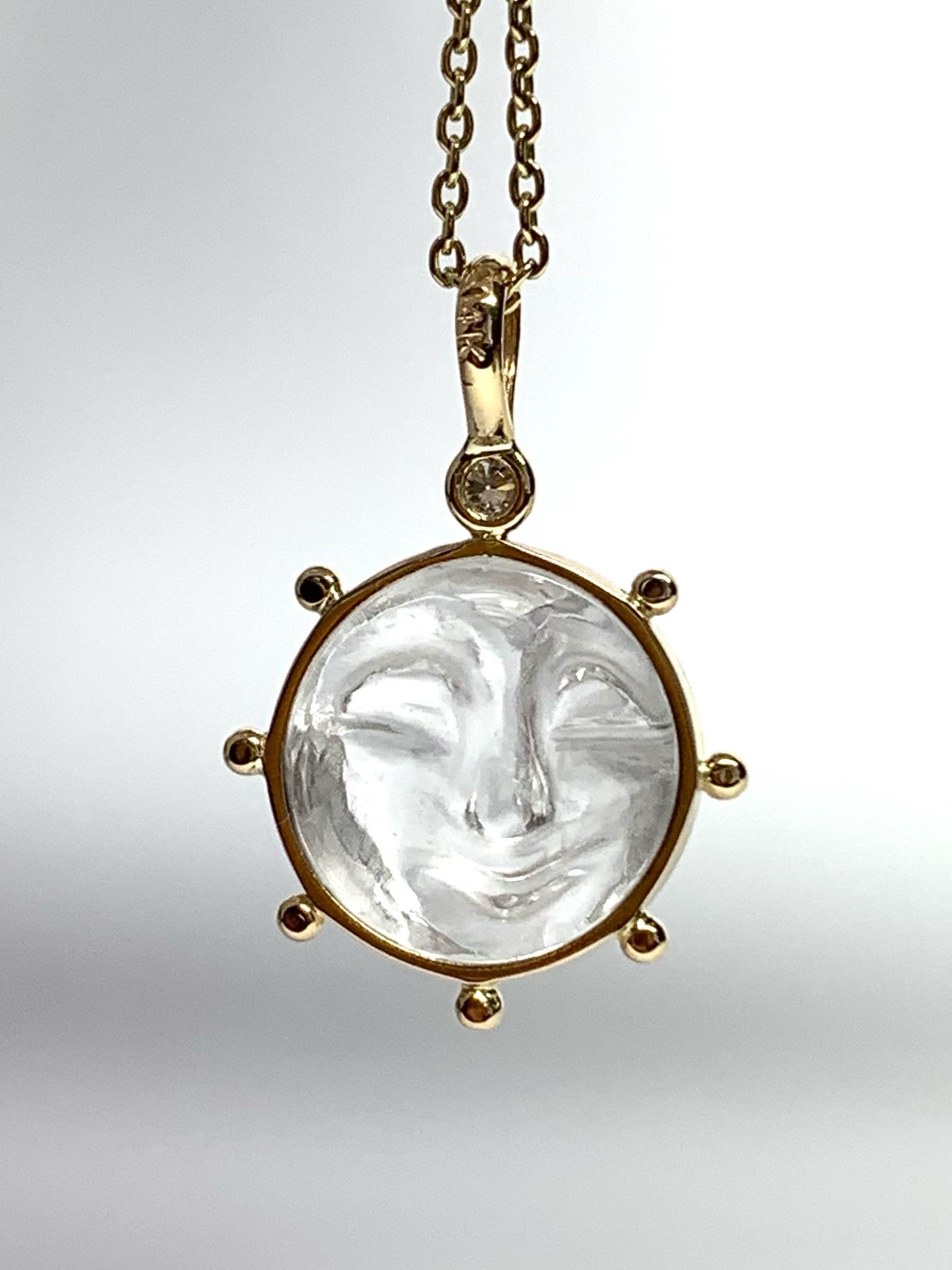 14k Solid Yellow Gold, Clear Quartz, Diamond “Sun” Pendant