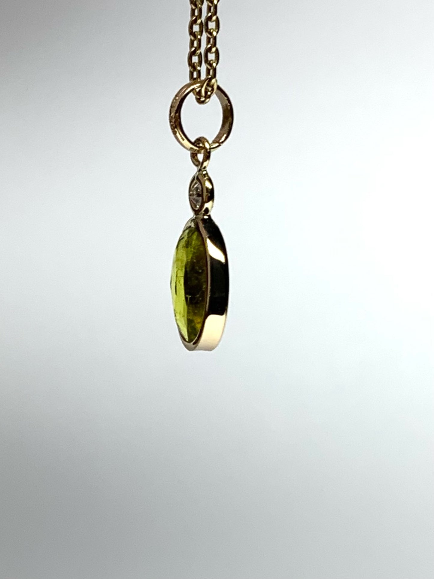 14k Solid Yellow Gold, Natural White Diamond, Natural Olive Green Tourmaline Tiny Pendant