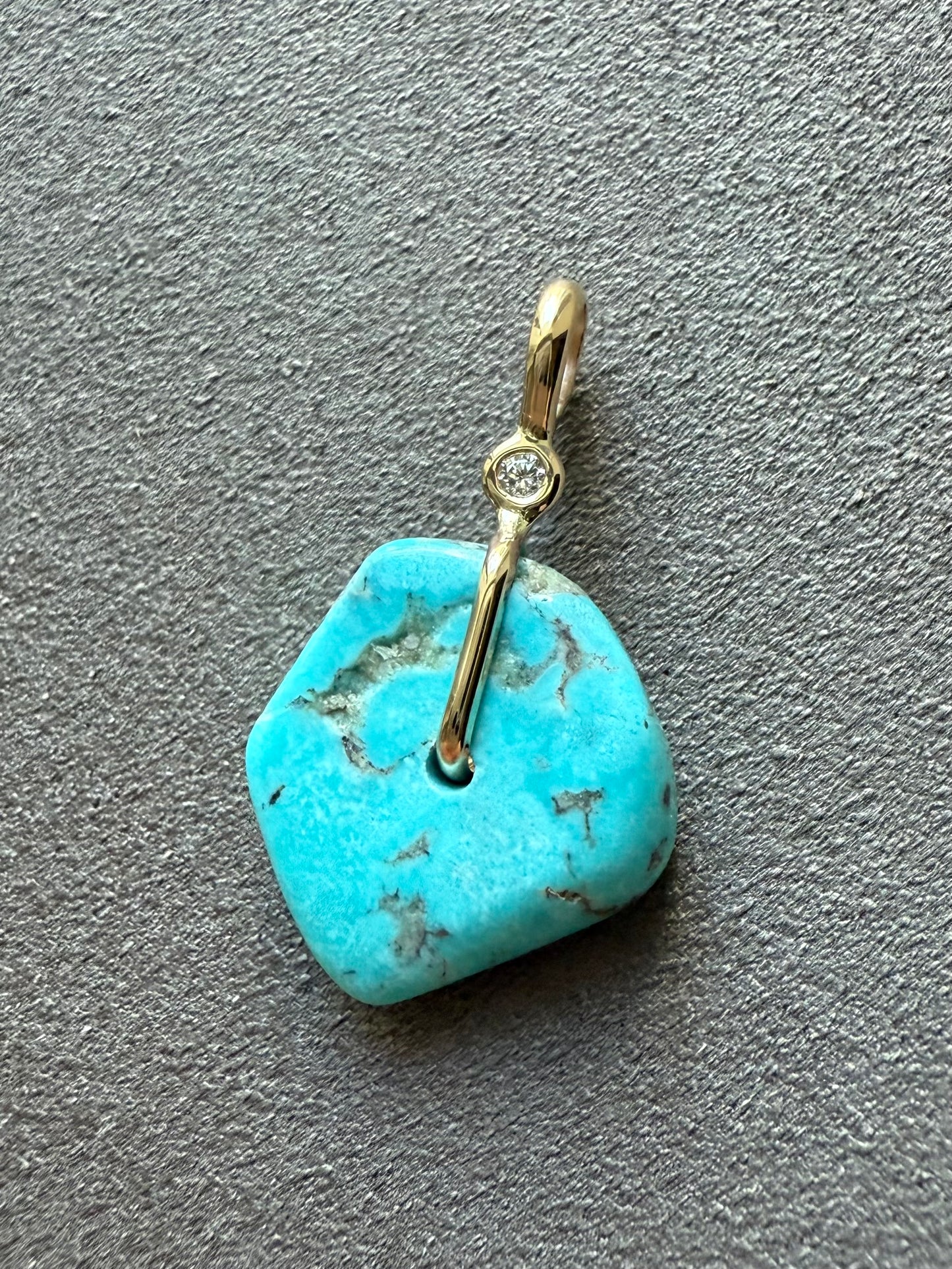 14K Solid Yellow Gold, White Diamond, Blue Turquoise “Donut” Mini Pendant