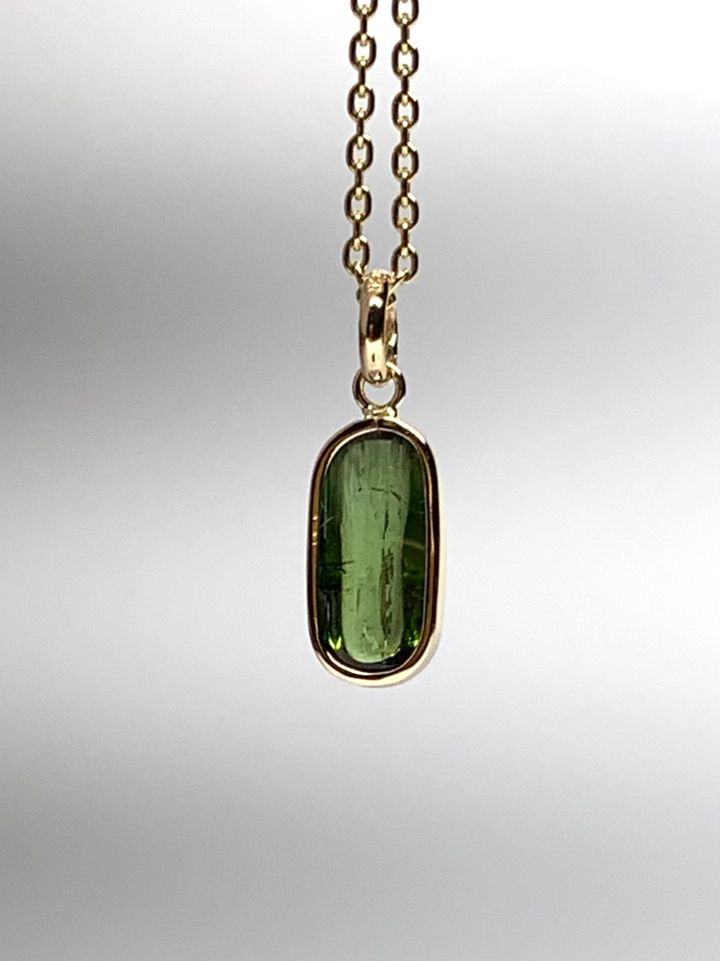14k Solid Yellow Gold, Natural Green Tourmaline Cabochon Tiny Pendant