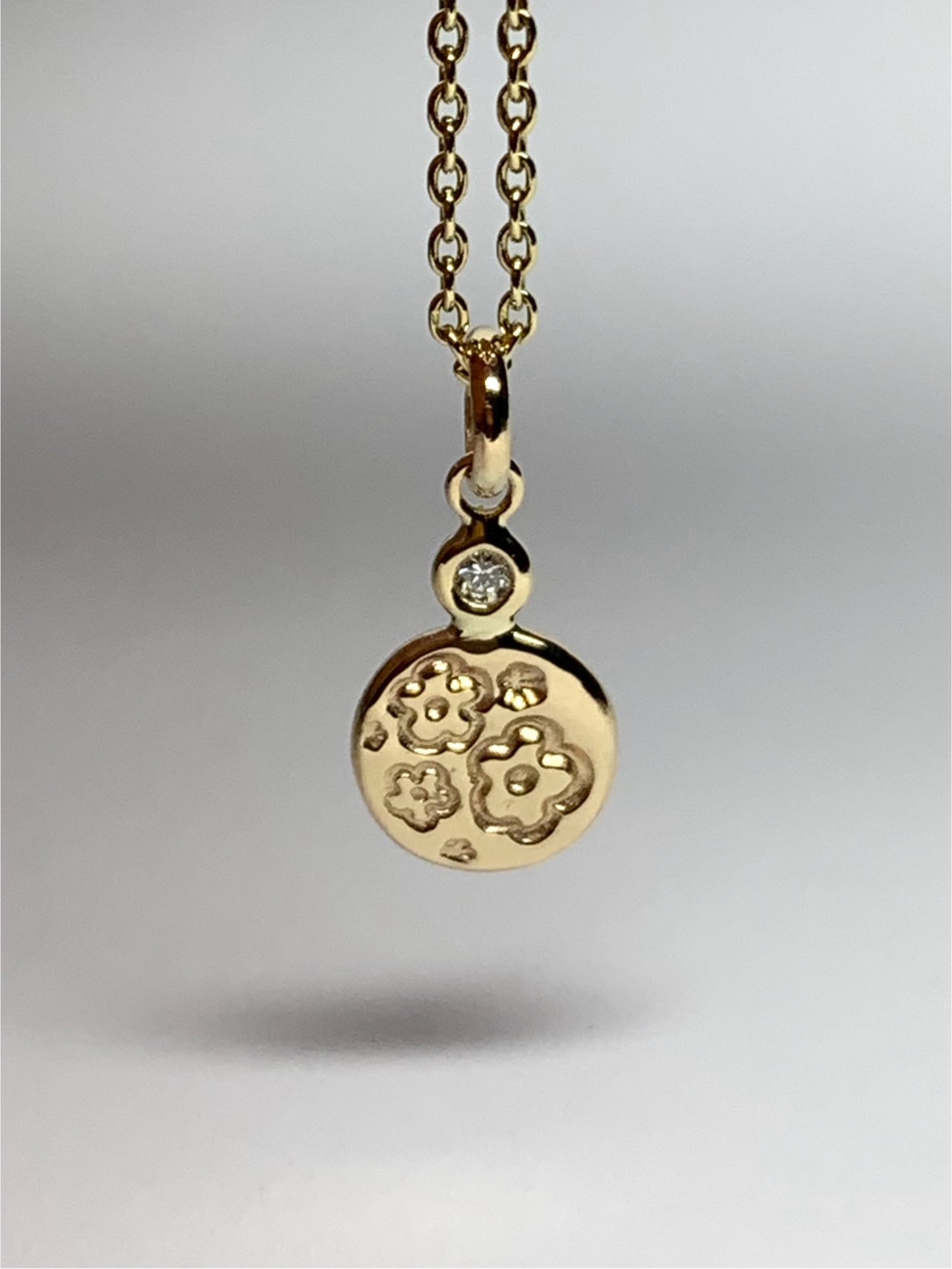 14K Solid Yellow Gold Nugget “Flowers” Mini Pendant, White Diamond, Tiny Charm