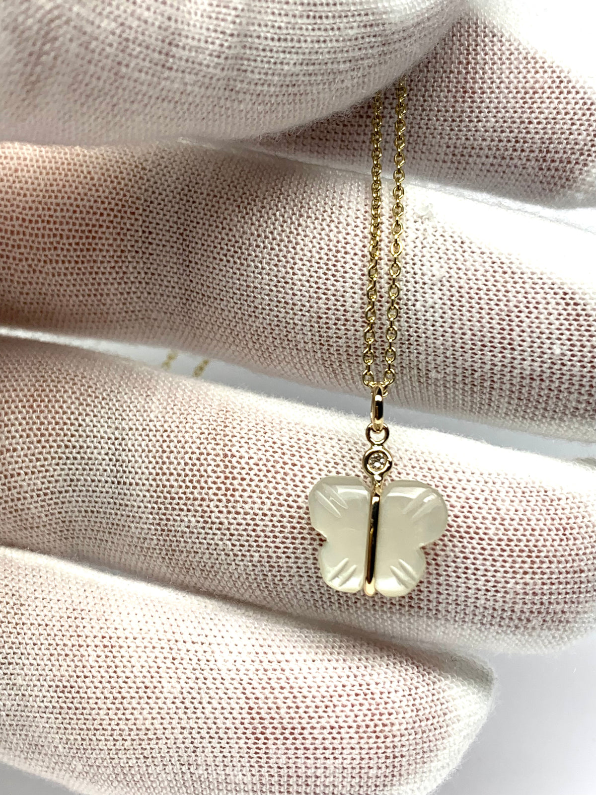 14k Solid Yellow Gold, Diamond, White Moonstone “Butterfly” Mini Pendant, Hand Carved