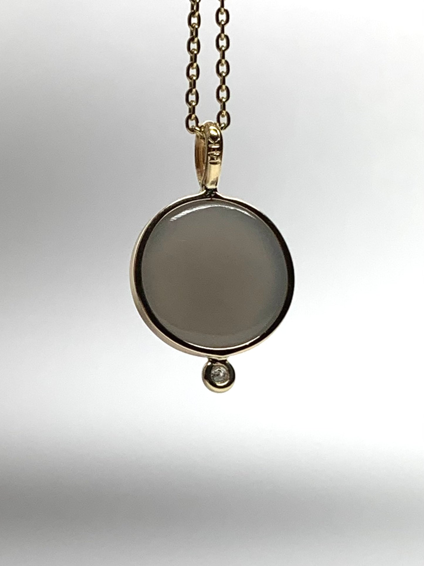 14k Solid Yellow Gold, White Diamond, Grey Moonstone “Moon and Star” Pendant, Small Size