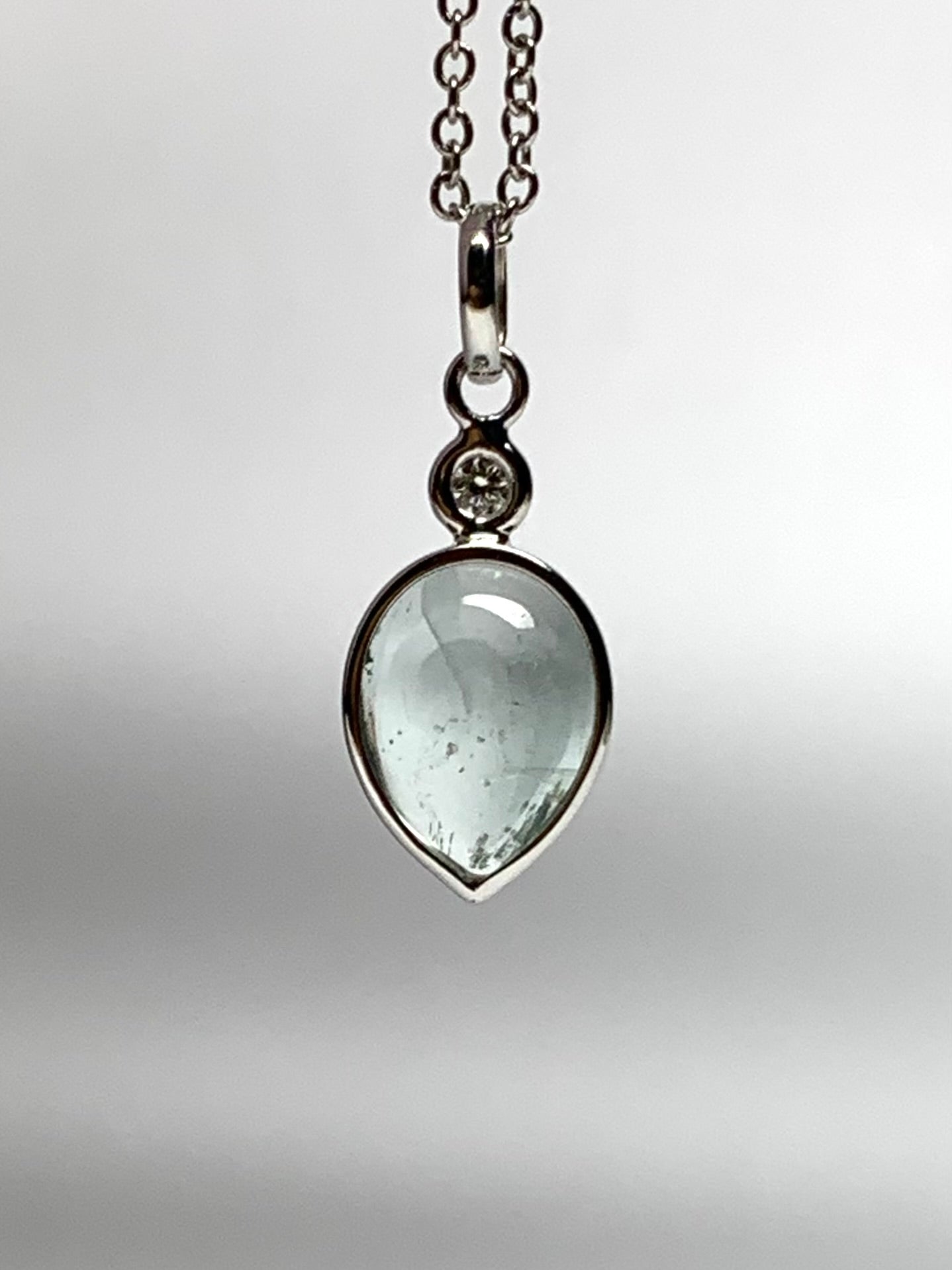 14k Solid White Gold, Diamond, Pale Blue Aquamarine Pear Cabochon Pendant, Mini Size