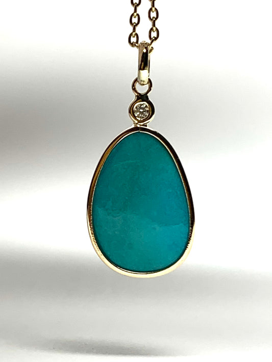 14k Solid Yellow Gold, Diamond, Blue Turquoise Pendant