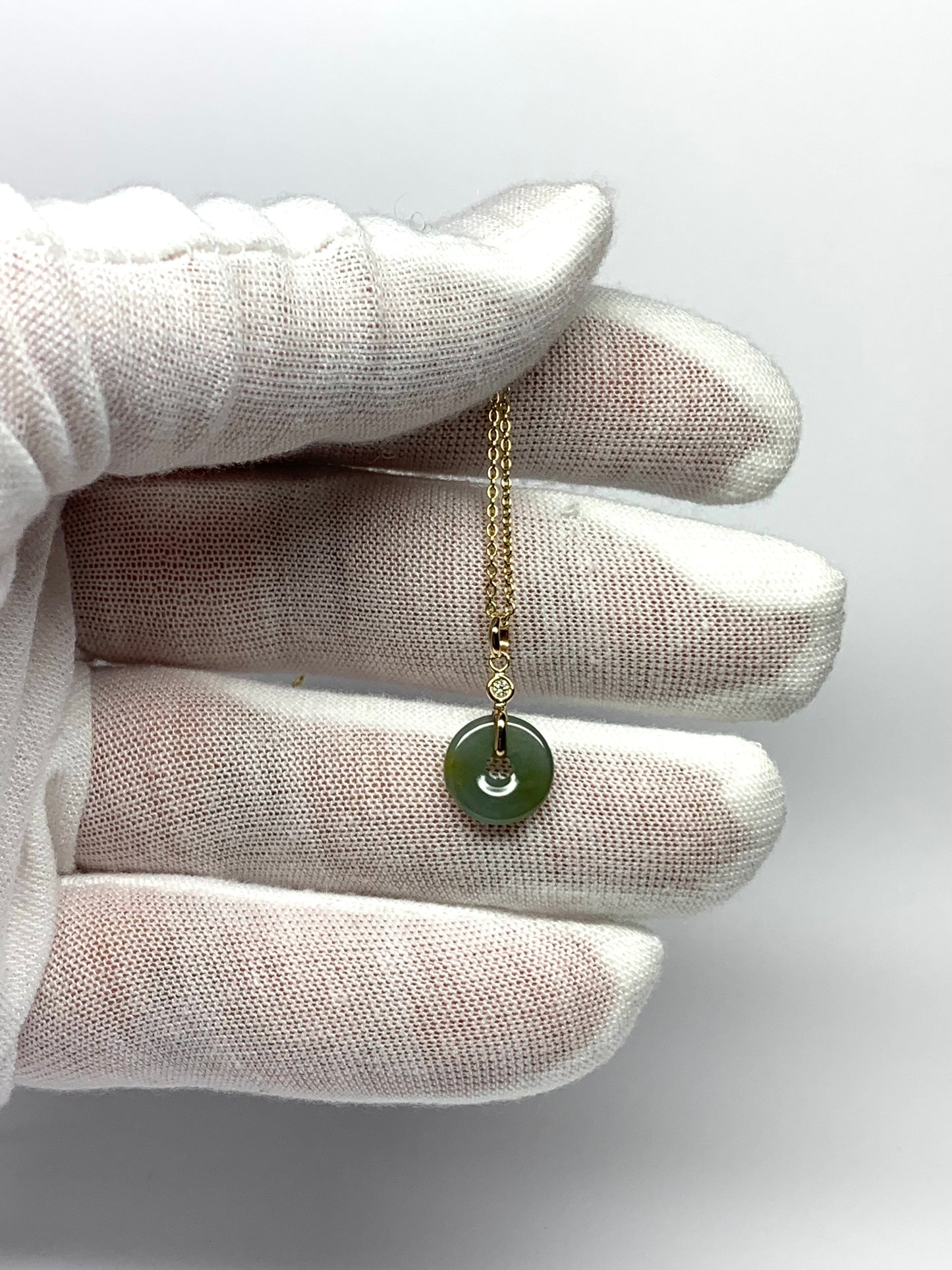 14k Solid Yellow Gold, White Diamond, Pale Green Jade “Donut” Pendant, Tiny Size