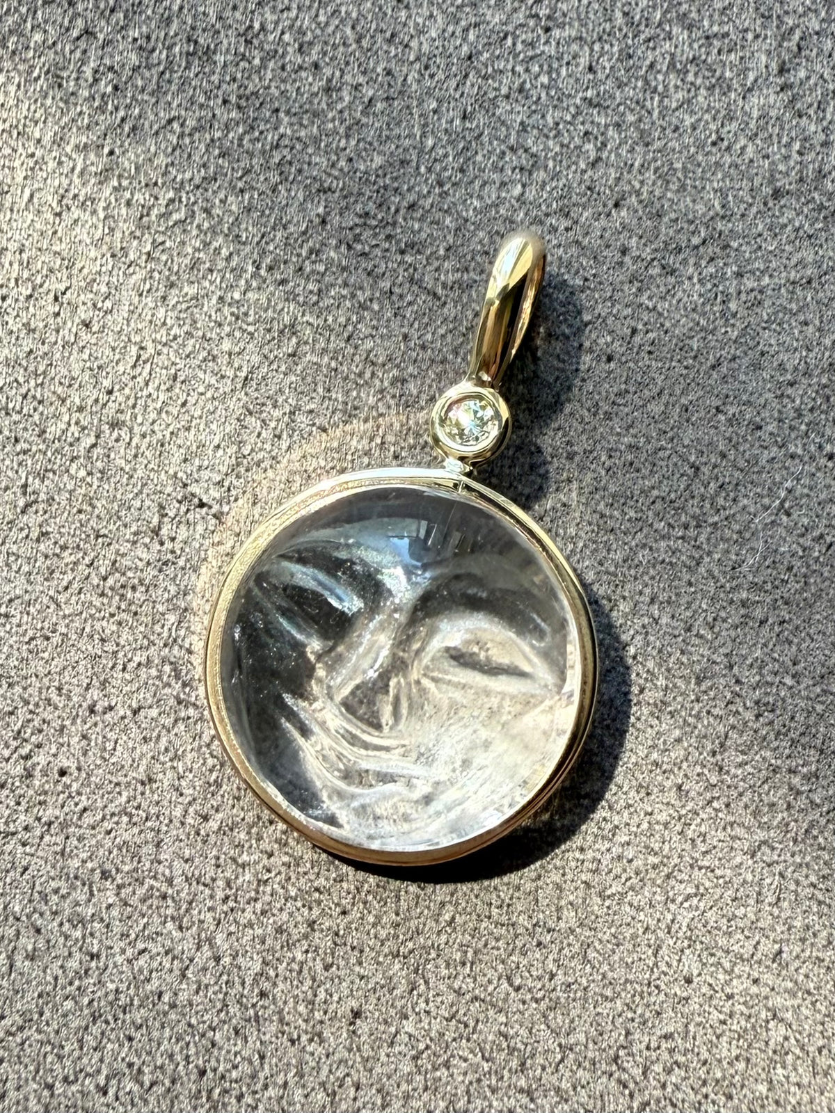 14k Solid Yellow Gold, Clear Quartz, White Diamond “Moon and Star” Pendant, Carved Face, Small Size